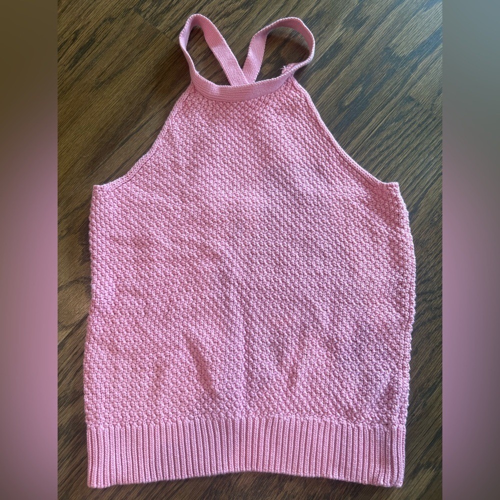 525 America‎ Pink Cotton Popcorn Knit Halter Top Medium Crisscross Back Tank
